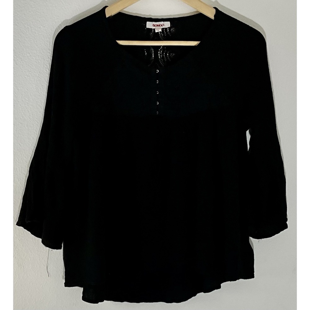 Bongo Black Lace Women's Size L Shirt Blouse Top 3/4 Sleeve Boho Witchy Emo